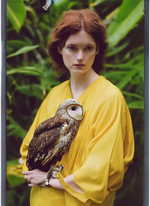 Image similar to Pre - raphaelit grainy head to shoulder portrait Polaroid film photograph of an elegant top model wearing a yellow kimono with a very detailed barn owl on her shoulder!!! sitting on a throne in a tropical greenhouse. looking at the camera!!. super resolution. Extremely detailed. Polaroid 600 film.