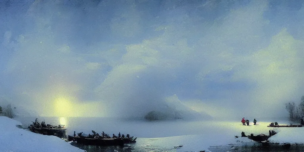 Prompt: Beautiful ice lake, snow, freezing, with a big zepelin in the sky, beautiful artwork detailed painting by Ivan Aivazovsky