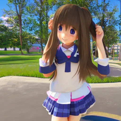 Image similar to cute anime elementary school girl playing on playground, unreal engine rendering, 4k