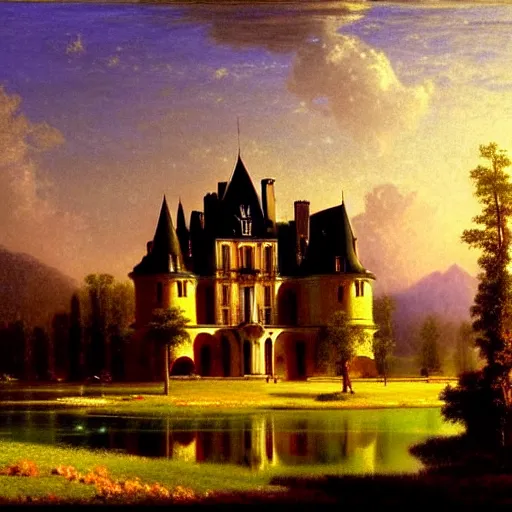 Image similar to beautiful illustration of chateau in a serene landscape, by albert bierstadt, magic realism, narrative realism, beautiful matte painting, heavenly lighting, retrowave, 4 k hd wallpaper