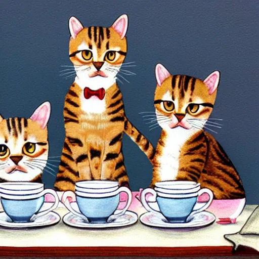 Image similar to three tabby cats attend a fancy english tea party, photorealistic photorealism