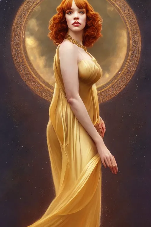 Image similar to symmetrical!! looking at the camera!!! a portrait of an angel young christina hendricks wearing a golden flowing dress, upper body, concept art, deep focus, sky, heaven, clouds, intricate, highly detailed, digital painting, artstation, matte, sharp focus, illustration, art by greg rutkowski and alphonse mucha