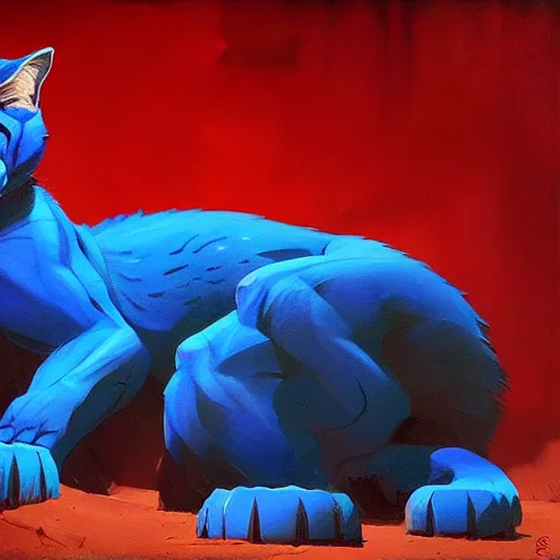 Prompt: a big blue cat caught a red sable. turqoise background. painting by eddie mendoza, greg rutkowski, james gurney