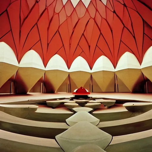 Image similar to interior of a futuristic lotus temple with gold, red and white marble panels, in the desert, by buckminster fuller and syd mead, intricate contemporary architecture, photo journalism, photography, cinematic, national geographic photoshoot