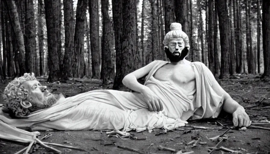 Prompt: 1 9 6 0 s movie still close up of a skinny emperor marcus aurelius with frozen face and a frozen toga, laying down on the danube's shore pine forests, cinestill 8 0 0 t 3 5 mm b & w, high quality, heavy grain, high detail, cinematic composition, dramatic light, anamorphic, hyperrealistic, foggy