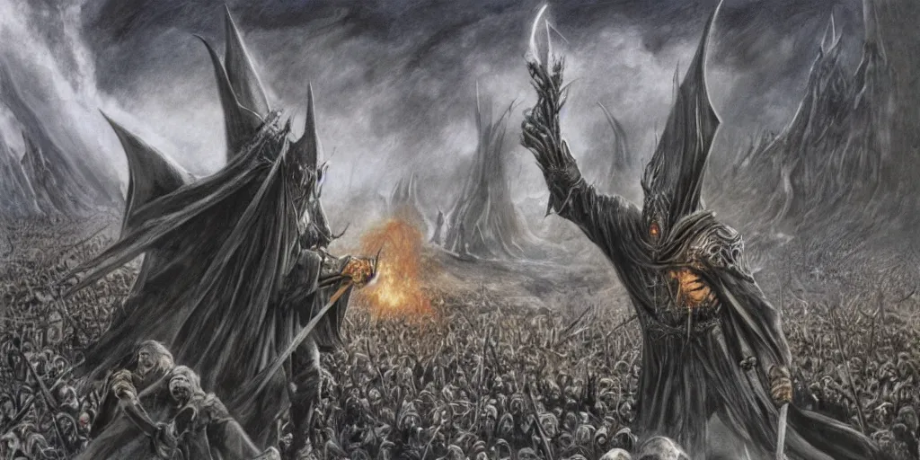 Prompt: illustration of Sauron fighting Saruman, the lord of the rings, by Alan Lee