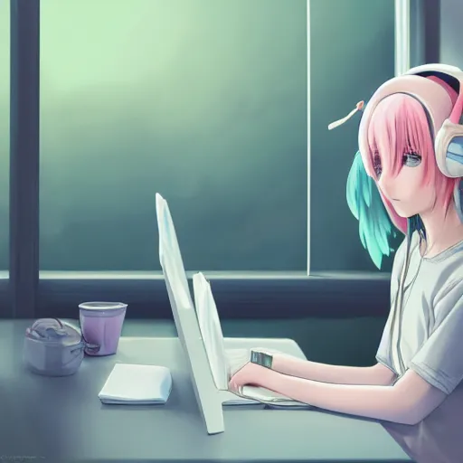 Image similar to high definition anime portrait of an anime girl with pastel colored hair sitting at a desk studying with headphones on, background is a window looking out into a busy Tokyo district, lo-fi art, masterpiece by Makoto Shinkai, trending on artstation, sharp high quality anime, digital art, photoshop, proportionate, ambient lighting, clear facial festures