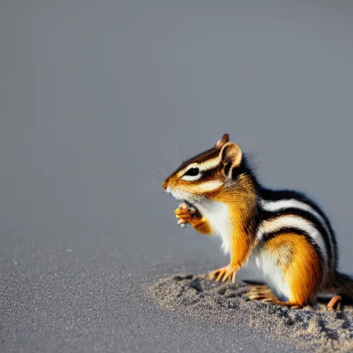 Prompt: macro photo of chipmunk playing with sand at the beach