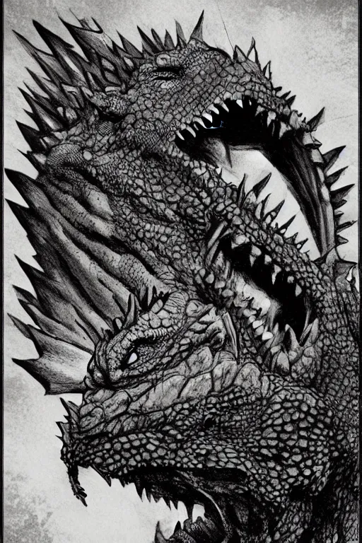 Image similar to the head of Godzilla, kaiju, sea creature, crocodile, sharp teeth, scary look, angry iguana by carlos huante