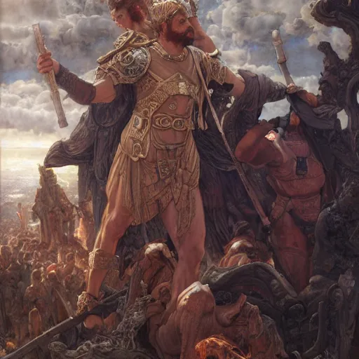 Image similar to disasterpiece Peloponnese war Gods watching above, by Edgar Maxence and Ross Tran and Michael Whelan and baroque gothic medieval oil painting, intricate line drawings, by Edgar Maxence and Ross Tran and Michael Whelan, 4k resolution