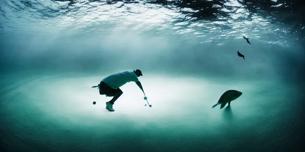 Image similar to a great photograph of the most amazing golf hole in the world under water, fish everywhere, perfect light, ambient light, 5 0 mm, golf digest, top 1 0 0, fog