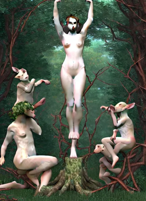 Image similar to pagan nymps dancing with fawns in a deep thorns bones bloody 3d vaporwave cyber forest in 5th dimensional space, by william-adolphe bouguereau and Austin Osman Spare and Takato Yamamoto, high resolution, rendered in octane 3d