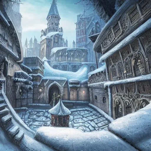 Prompt: fantasy concept art, high detail, 8k, snow covered walled medieval city, labyrinth in the background