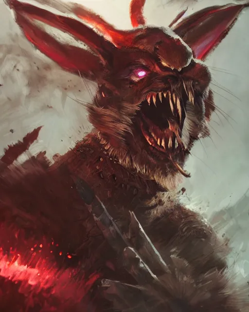 Image similar to Rabbit Berserker, rage, maniac, war paint, red, Khorne, magic the gathering artwork, D&D, fantasy, cinematic lighting, centered, symmetrical, highly detailed, digital painting, artstation, concept art, smooth, sharp focus, illustration, volumetric lighting, epic Composition, 8k, art by Akihiko Yoshida and Greg Rutkowski and Craig Mullins, oil painting, cgsociety