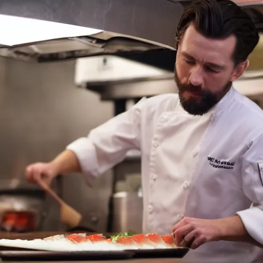 Image similar to Tom Holland with a beard as a chef making sushi, Cinematic shot, studio lighting