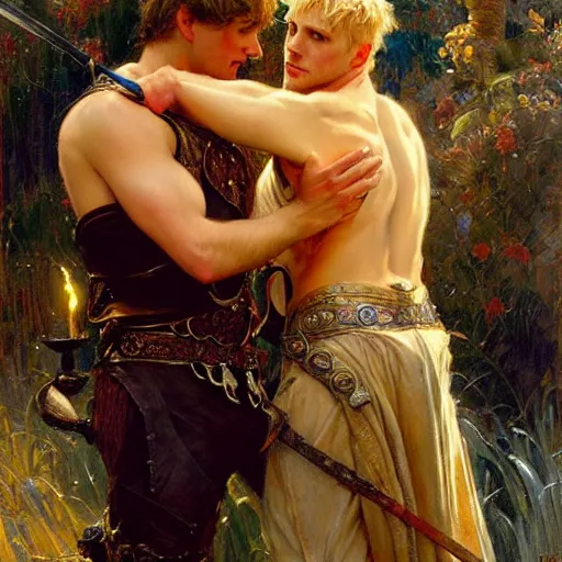 Image similar to attractive arthur pendragon in love with attractive male merlin. highly detailed painting by gaston bussiere, craig mullins, j. c. leyendecker