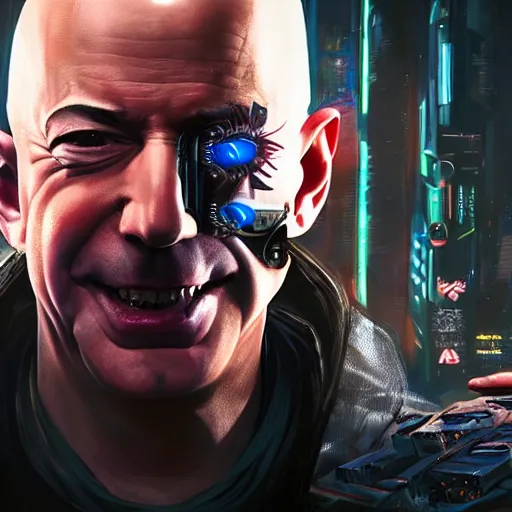 Image similar to front view, vicious, crazy laughing portrait of Jeff Bezos as a cyberpunk 2077 loading screen, symmetry, ominous, intricate, studio, art by anthony macbain + greg rutkowski + alphonse mucha, concept art, 4k, sharp focus