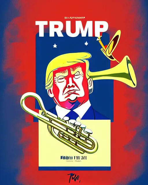 Image similar to painting portrait of trump with trumpet hair, cartoon, warm lighting, trump has hair as a trumpet, trumps hair is coming out as trumpet. movie poster, illustration by bartek fedyczak, erak note, tooth wu, neil richards, kan liu, siwoo kim, jisu choe, trending on art station