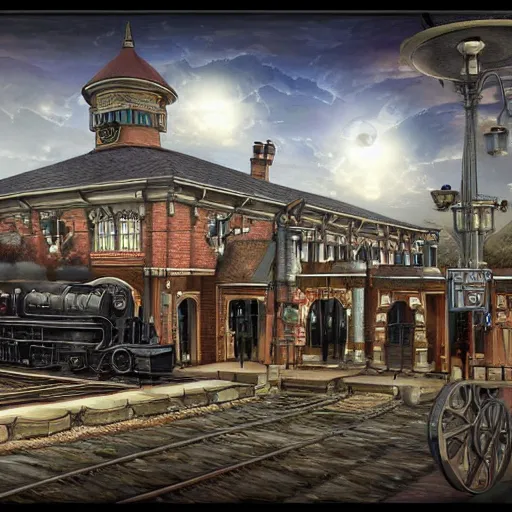 Prompt: realistic digital painting of a steampunk train station, Victorian, futuristic