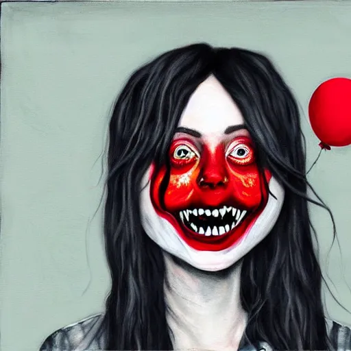 Image similar to grunge painting of billie eilish with her face split down the middle with a wide smile and a red balloon by chris leib, loony toons style, pennywise style, corpse bride style, horror theme, detailed, elegant, intricate