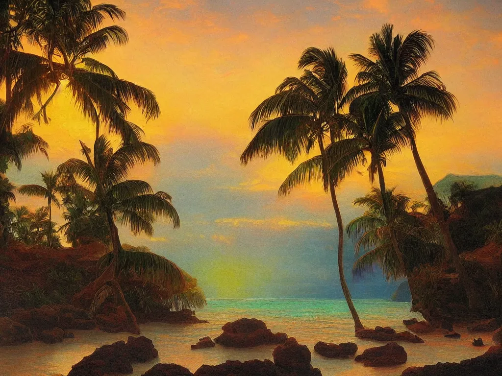 Prompt: Island beach cove at the center of the universe, Kauai, Sunlight Study, by Albert Bierstadt and ((((((((((Lisa Frank))))))))), Art Nouveau, 8k