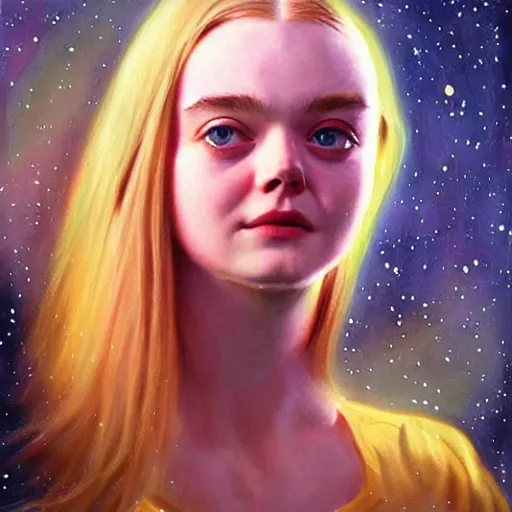 Prompt: a striking hyper real painting of Elle Fanning in space by John Sargent