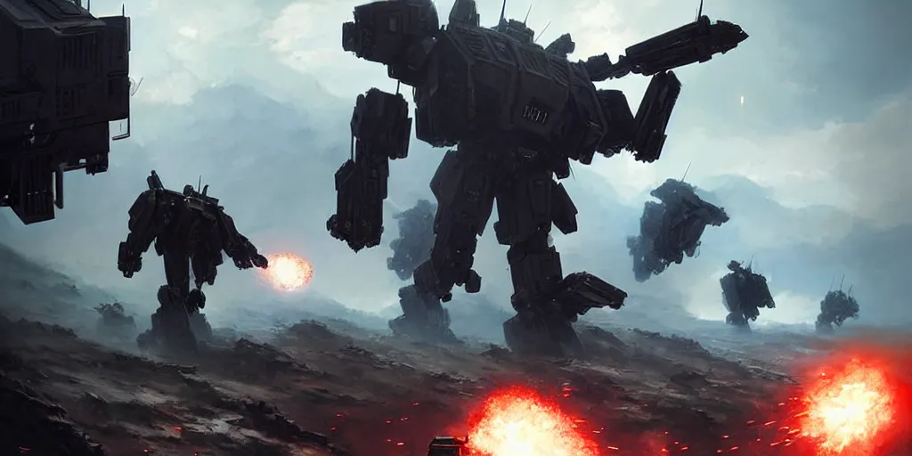 Image similar to an armored core v on the ground, booster flares, legs, laser rifles, karst landscape ; cinematic contrast, dynamic backlighting, sharp edge, motion blur, art by greg rutkowski