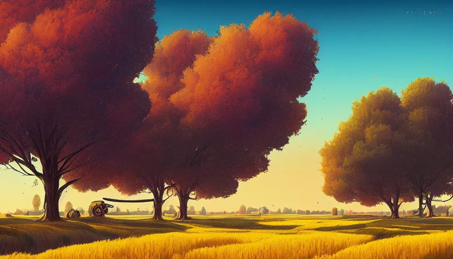 Image similar to colourful sky, wheat field, distant combine harvesters, big trees, matte painting, art station, digital art, simon stalenhag