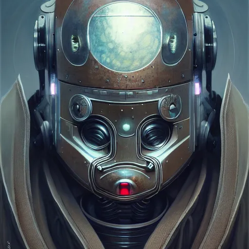 Image similar to low angle shot of a cyberpunk gazmask robot character, intricate, elegant, highly detailed, centered, digital painting, artstation, concept art, smooth, sharp focus, illustration, artgerm, Tomasz Alen Kopera, Peter Mohrbacher, donato giancola, Joseph Christian Leyendecker, WLOP, Boris Vallejo