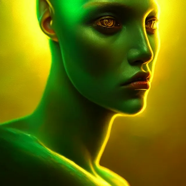 Image similar to epic professional digital art of green allien portrait, atmospheric lighting, painted, intricate, golden hour, detailed by leesha hannigan, thierry doizon, best on artstation, cgsociety, wlop, epic, stunning, gorgeous, much detail, much wow, masterpiece