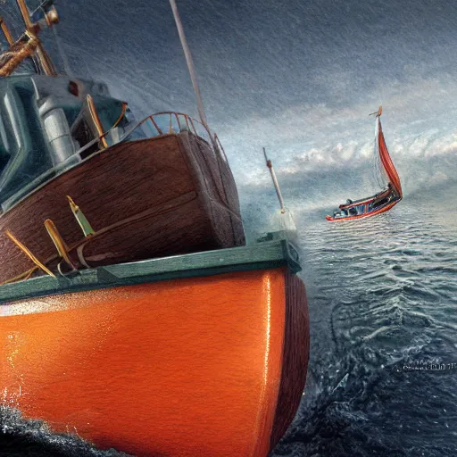 Prompt: photorealistic photograph of Nemo touching the boat, realism, 4k, trending on artstation, award-winning art