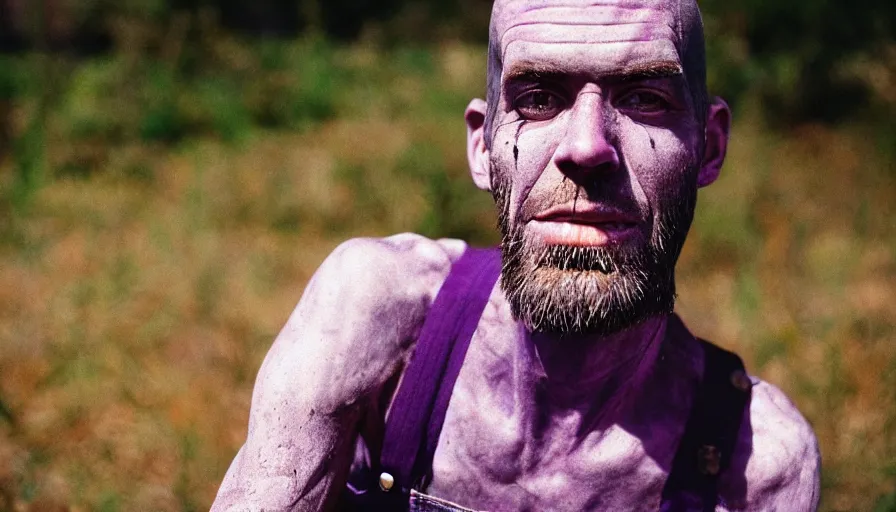 Image similar to far view, extremely skinny malnourished purple thanos with long beard, wearing dirty overalls, dirty greasy face, grin, portrait, close up, kodak gold 2 0 0, 5 0 mm,