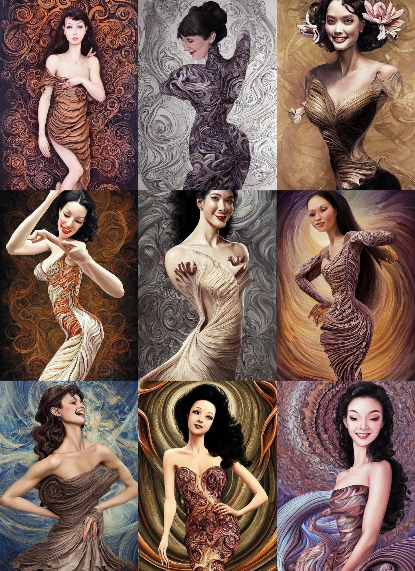 Prompt: classic dancer striking a pose, swirly flower dress filling up the bottom of the painting, swirly dark hair, smile like a sphinx, by artgerm, anatomical correct!!, intricate details, elegant, sophisiticated, highly detailed, flower fractals in the background, artstation, by bayard wu and sam kieth