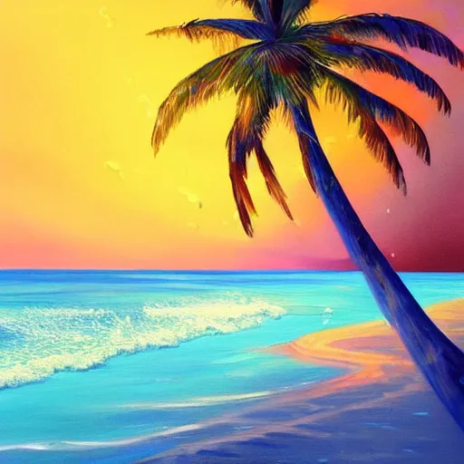 Image similar to A beautiful award winning painting of a tropical beach with palm trees and blue ocean, trending on artstation