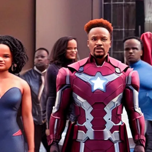 Image similar to a film still of kyla pratt meeting the avengers in 2020