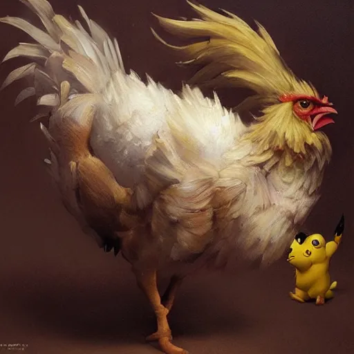 Image similar to expressive oil painting of ( ( ( rooster ) ) ) pikachu chimera, by jean - baptiste monge, octane render by yoshitaka amano, by greg rutkowski, by jeremy lipking, by artgerm