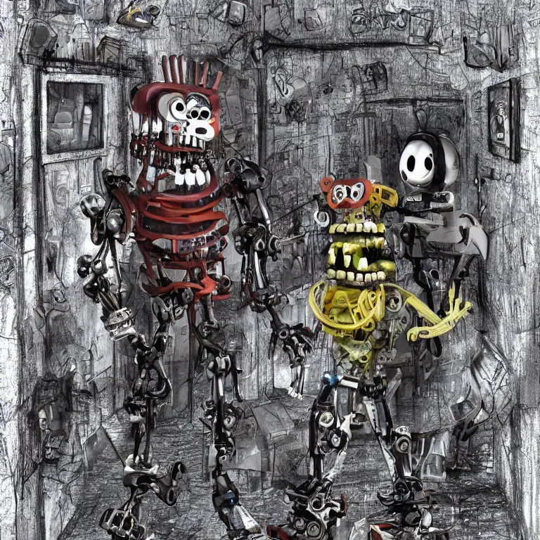 Image similar to designed by scott cawthon and chuck e cheese stylized endoskeleton for an animatronic that has been damaged and decayed, rain, dense fog, alleyway, volumetric lighting, f 8 aperture, cinematic eastman 5 3 8 4 film