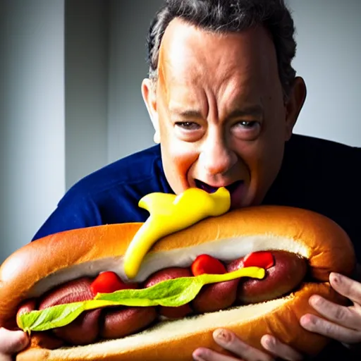 Image similar to tom hanks emerging from a giant hot dog, food photography, 8 5 mm f 1. 8