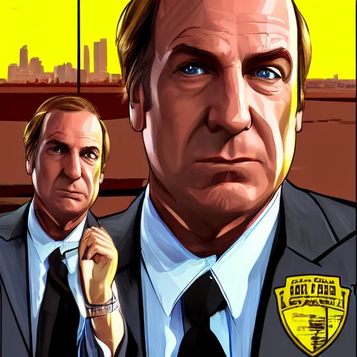 Image similar to saul goodman in GTA V, cover art by stephen Bliss, artstation, no text