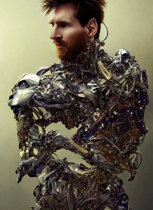 Image similar to lionel messi as a organic cyborg, diffuse lighting, fantasy, intricate, elegant, highly detailed, lifelike, photorealistic, digital painting, artstation, illustration, concept art, smooth, sharp focus, art by john collier and albert aublet and krenz cushart and artem demura and alphonse mucha