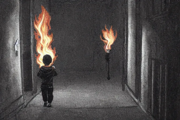 Prompt: a picture of a small child carefully holds torch through hallway filled with nightmarish monsters