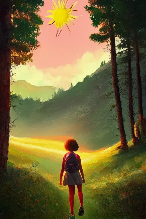 Image similar to giant daisy flower head, girl hiking in the mountains, surreal photography, sunrise, dramatic light, impressionist painting, colorful clouds, digital painting, artstation, simon stalenhag