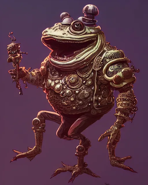 Image similar to a slimy anthropomorphic toad king wearing ornate steampunk armor, smooth, intricate, elegant, digital painting, artstation, steam, grungy steel, concept art, sharp focus, octane render, illustration, art by josan gonzalez and riot studios and blizzard studios,