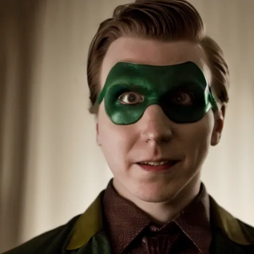 Image similar to film still of Paul Dano as Riddler in The Batman, 4k, dark lighting, film noir, grainy, dark tone