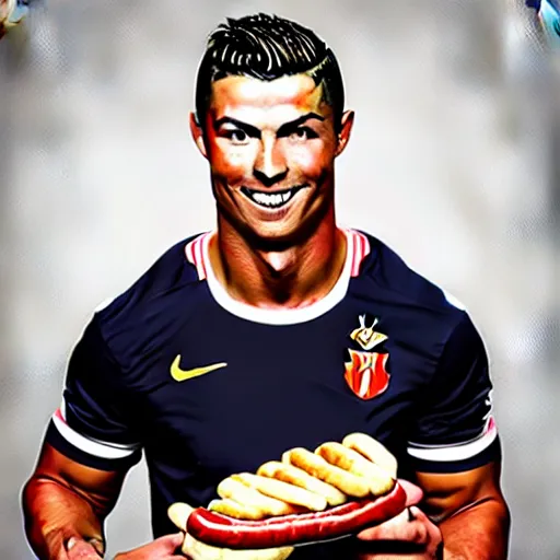 Prompt: a promo portrait of cristiano ronaldo in a sofa, holding a plate of hot dogs to the camera,