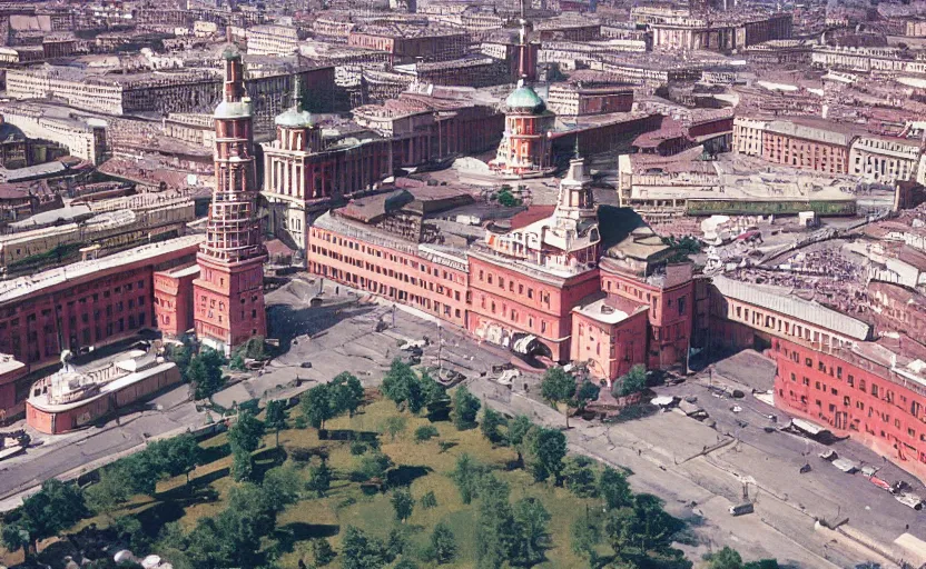 Prompt: high quality 2000s historic footage of soviet square with one lenin statue with stanilist style giant walls , color aerial photo drone, Cinestill 800t, heavy grainy picture, very detailed, high quality, 4k panoramic