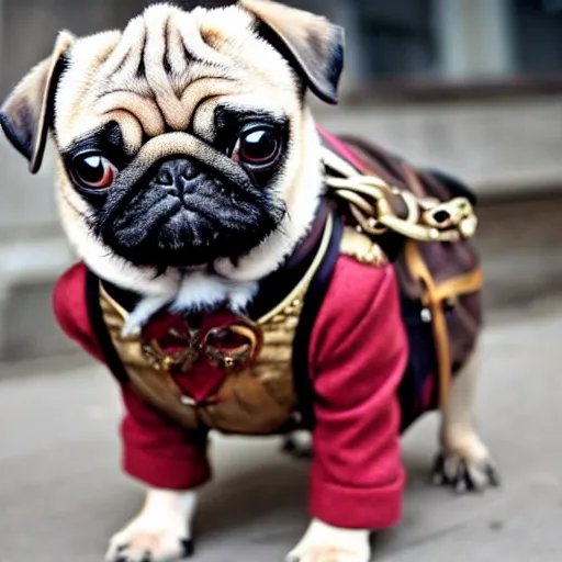 Image similar to photo of a pug dressed in steampunk gear.