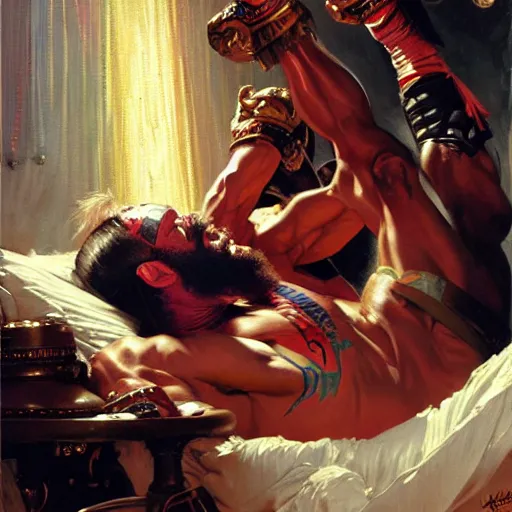 Image similar to macho man randy savage ring gear is in his bed, nervous and terrified, because lex lugar in a wheel chair is attacking him. highly detailed painting by gaston bussiere, j. c. leyendecker, greg rutkowski, craig mullins 8 k