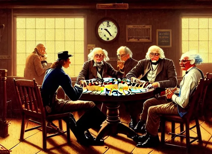 Image similar to isaac newton and stephen hawkins and asimov and albert einstein playing poker in an old west saloon, centered, digital painting, artstation, concept art, smooth, illustration, art by james gurney and norman rockwell and greg rutkowski
