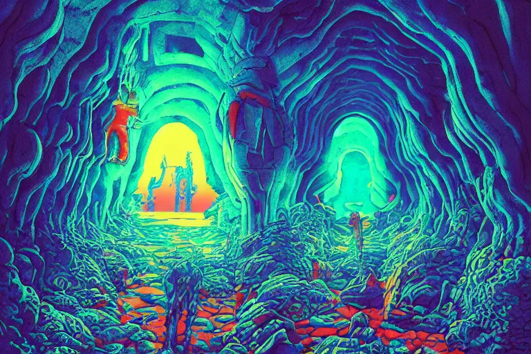 Prompt: psychedelic ONE POINT PERSPECTIVE DUNGEON cave, painted by Edward Gorey and Moebius and Greg Rutkowski and Paul Wenzel and George Barr and Stephen Youll,trending on artstation, iridescent cool blue and cyan and red and blue and yellow and green lighting front view futuresynth , outrun , vibrant colors, Sabattier filter , Watercolor